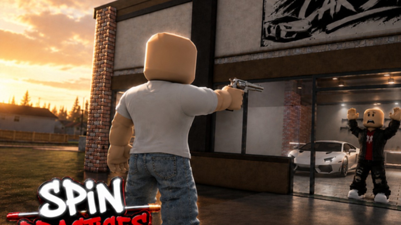 SpinPractices player aiming a revolver at a dummy outside the suburban car shop at sunset
