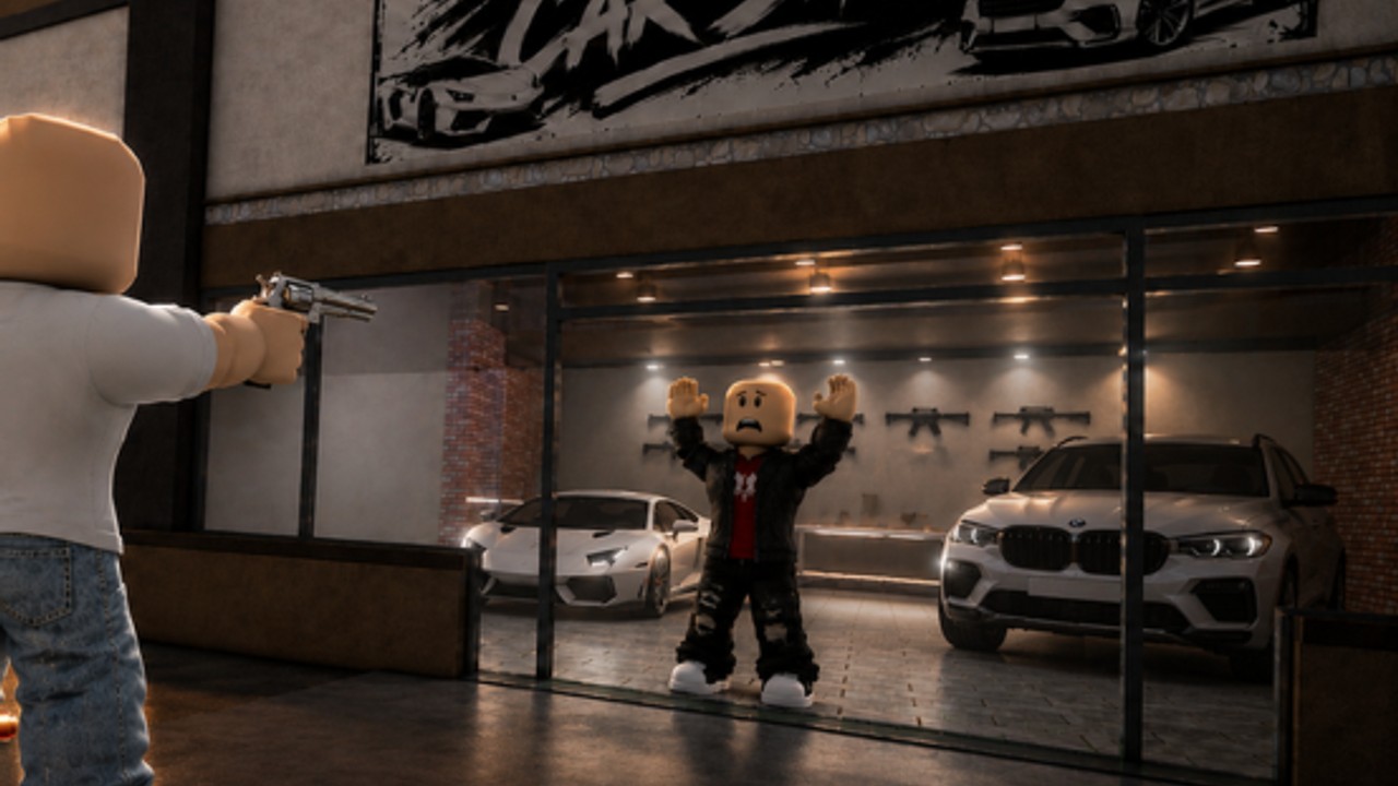 SpinPractices car shop interior with a surrender dummy, wall rifles, and parked sports cars